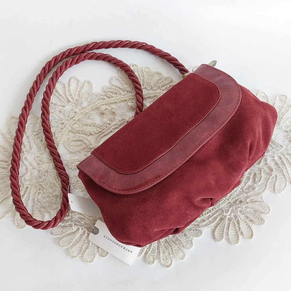 NWT Anthropologie Rust Suede and Patent Leather Pleated Crossbody/clutch - Picture 1 of 11